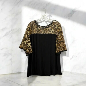 Kim & Cami, Plus-Size Leopard Print Contrast Blouse, 1X, Black et Tan 🎀